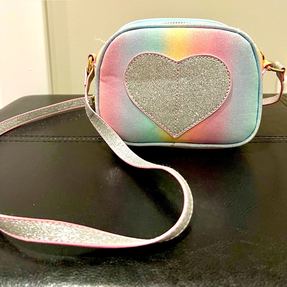 Little girls purse 6x5x2.5. Sparkle multi color with glitter heart & strap